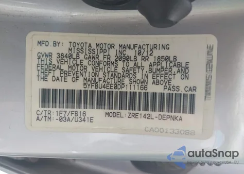 2013 Toyota Corolla Le z USA, uszkodzony, nr VIN 5YFBU4EE0DP111166